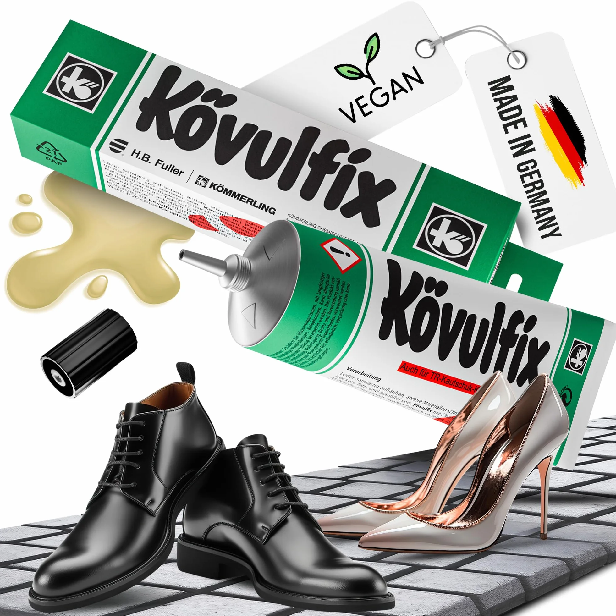 Kövulfix Kontaktkleber Set 240g + Pinsel – Schuhkleber extra stark, wasserfest & flexibel – Alleskleber für Leder, Gummi, Textil, Schuhe, Dachhimmel, Markise, Outdoor, Reparatur