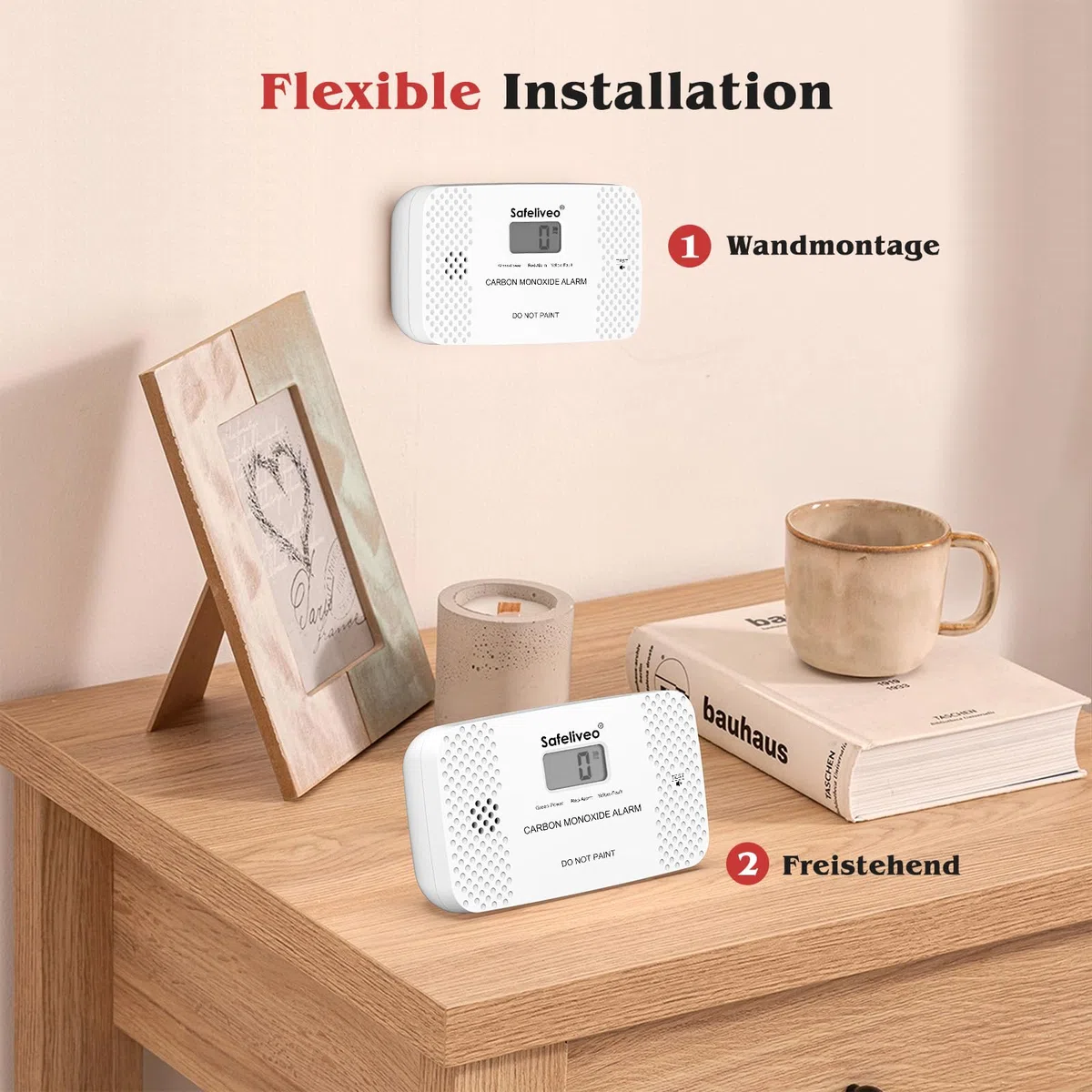 Safeliveo CO Melder mit Austauschbarer Batterie,Kohlenmonoxidmelder mit Spitzenwert Speicher & LCD Display,10 Jahre Sensor,Mit Testknopf,Für Zuhause & Wohnwagen,EN 50291,Standalone(1 Stück)