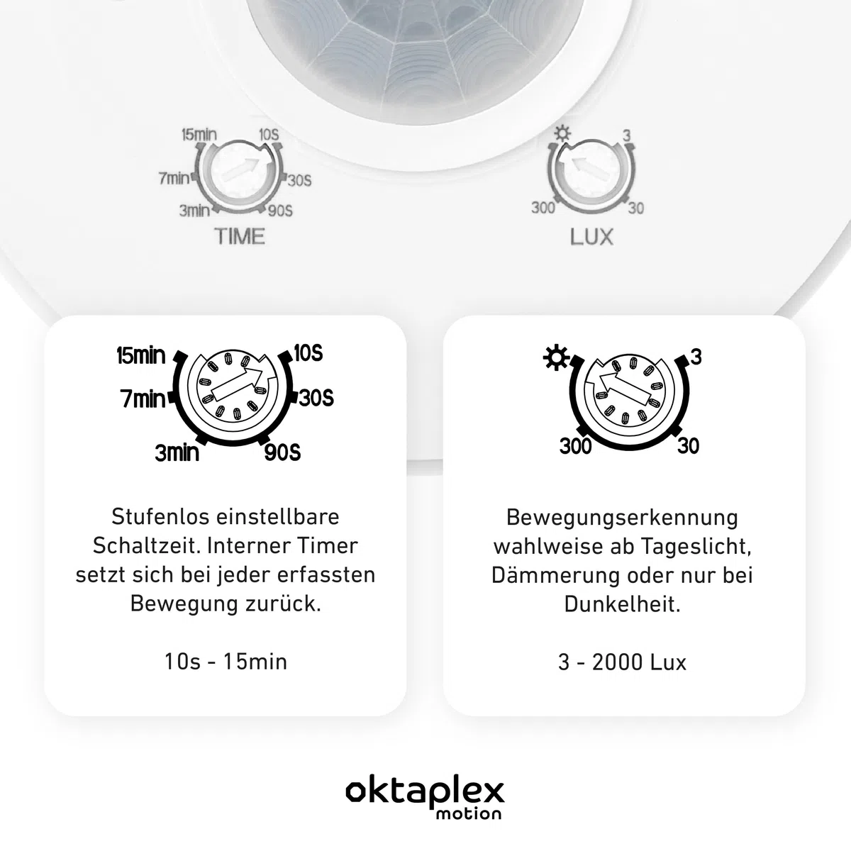 Oktaplex Ina Bewegungsmelder Innen 360 Grad 8m Reichweite LED geeignet weiß Aufputz 230V mit Dämmerungssensor