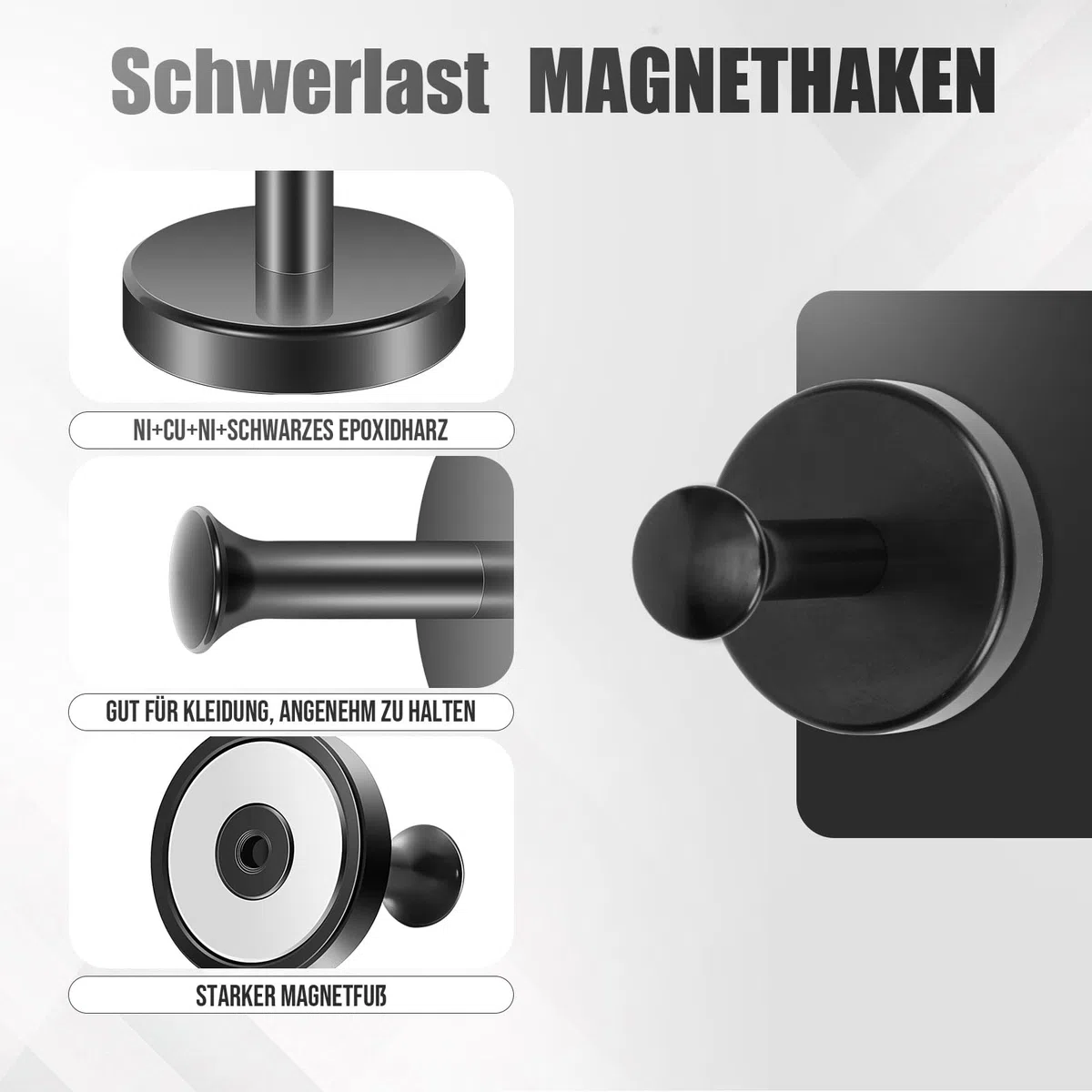 Neosmuk Magnetischer Kleiderhaken,77kg starke, Extra Schwere Magnet-Haken, Magnetischer Kranzaufhänger/-Halter für Metalldtüren, Handtasche, Handtuch, Strumpf, Kreuzfahrtkajüte, Schwarz, 6er-Pack