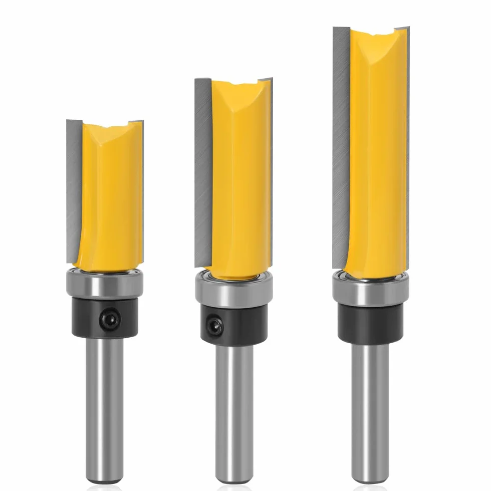 Mesee 3 Stück 8mm Schaft Bündigfräser, Gerade Fräser Set, Fräser Router Bit, Nutfräser Holzfräser Bit Set mit Kugellager Unterseite Holzschneider Profifräser Holzbearbeitungs Schneidwerkzeug
