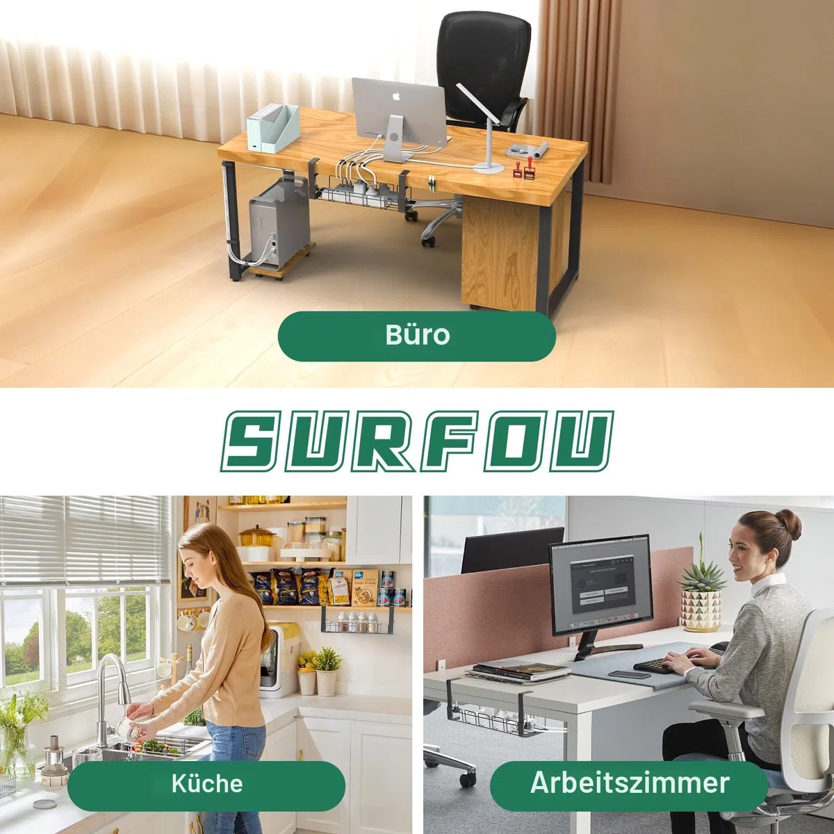 Unter dem Kabelmanagement Schreibtisch Ohne Bohren Kit, kabelkanal schreibtisch zum Verwalten von Kabeln und Steckdosenleisten, Klemmbar Kabel Organizer Tray für Büro Küche PC-Tischen - Schwarz