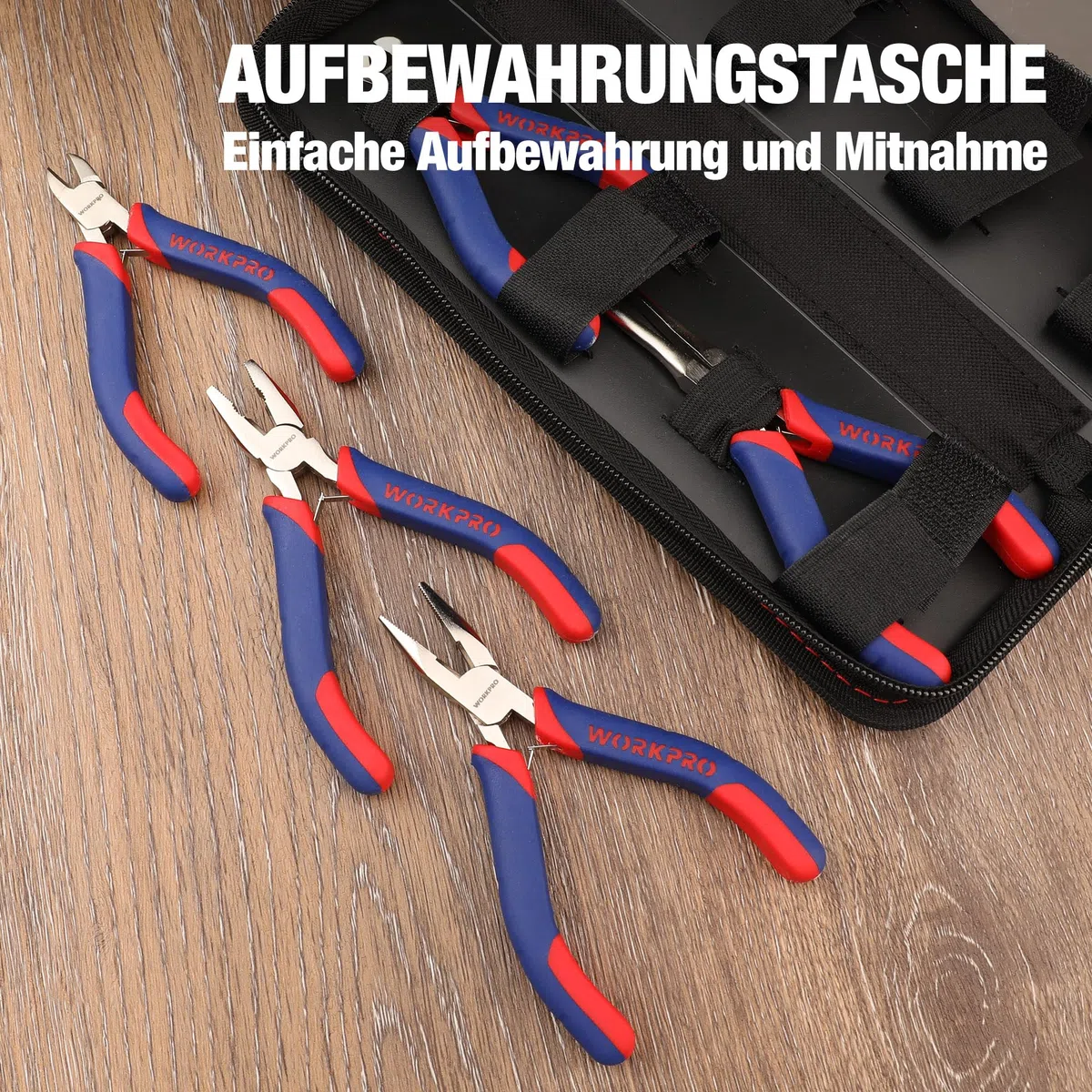 WORKPRO Mini-Zangen-Set, Schmuckzangen, 5-teilig, inkl. Linesman-Zange, Spitzzange, Seitenschneider, Spitzzange mit Organizer-Tasche