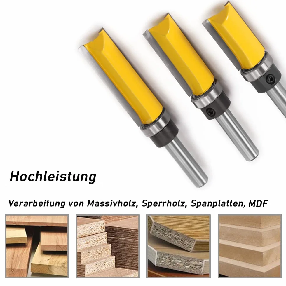 Mesee 3 Stück 8mm Schaft Bündigfräser, Gerade Fräser Set, Fräser Router Bit, Nutfräser Holzfräser Bit Set mit Kugellager Unterseite Holzschneider Profifräser Holzbearbeitungs Schneidwerkzeug