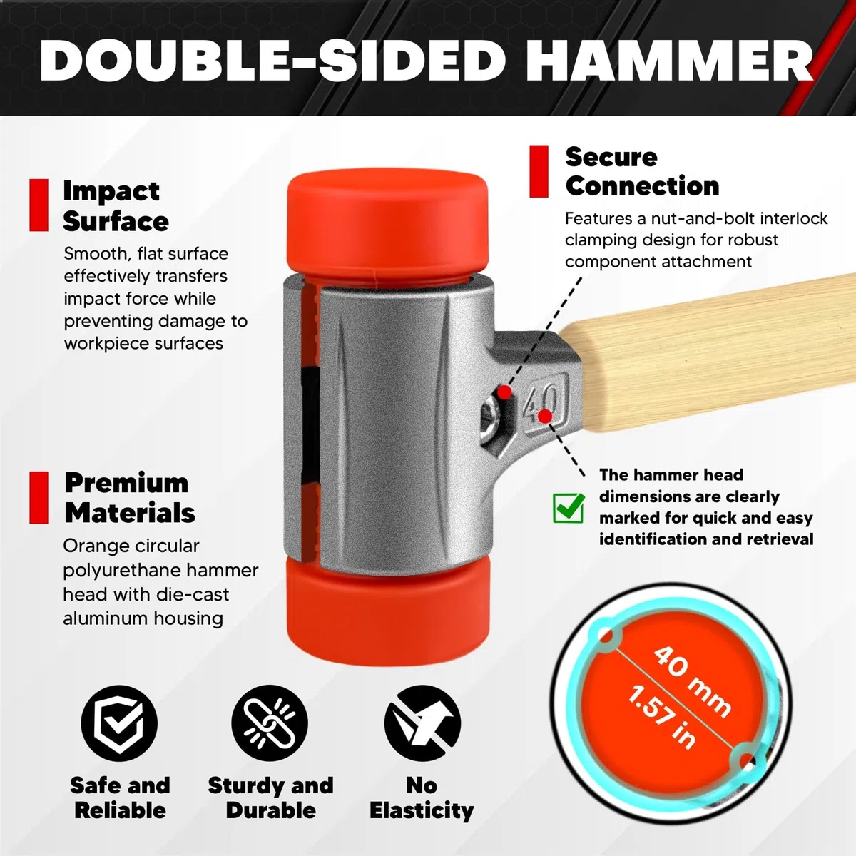 C&T Schonhammer,Rückschlagfreie Hämmer,runder PU-Hammerkopf in Orange, Gewicht 375 Gramm, Länge 330 Millimeter, Durchmesser 40 Millimeter, Griff aus echtem Hickoryholz,Gehäuse aus Aluminiumdruckguss.