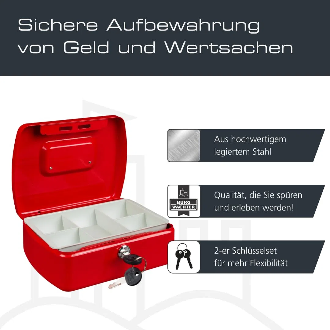 Burg-Wächter Geldkassette abschließbar mit Schlüssel und Hartgeldeinsatz, Stahlblech, Office 2207, Rot
