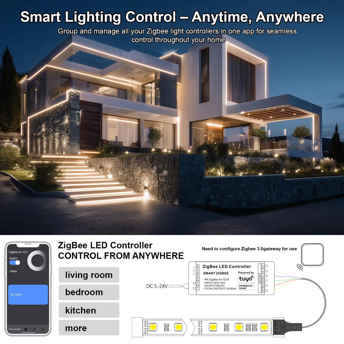Zigbee Dimmer LED, ZigBee 3.0 Dimmer, Zigbee LED Controller, Dimmen Smart Lichtschalter Kompatibel mit Alexa, Google Assistant, Smart Life, Tuya, Neutralleiter Erforderlich, für LED Lampen