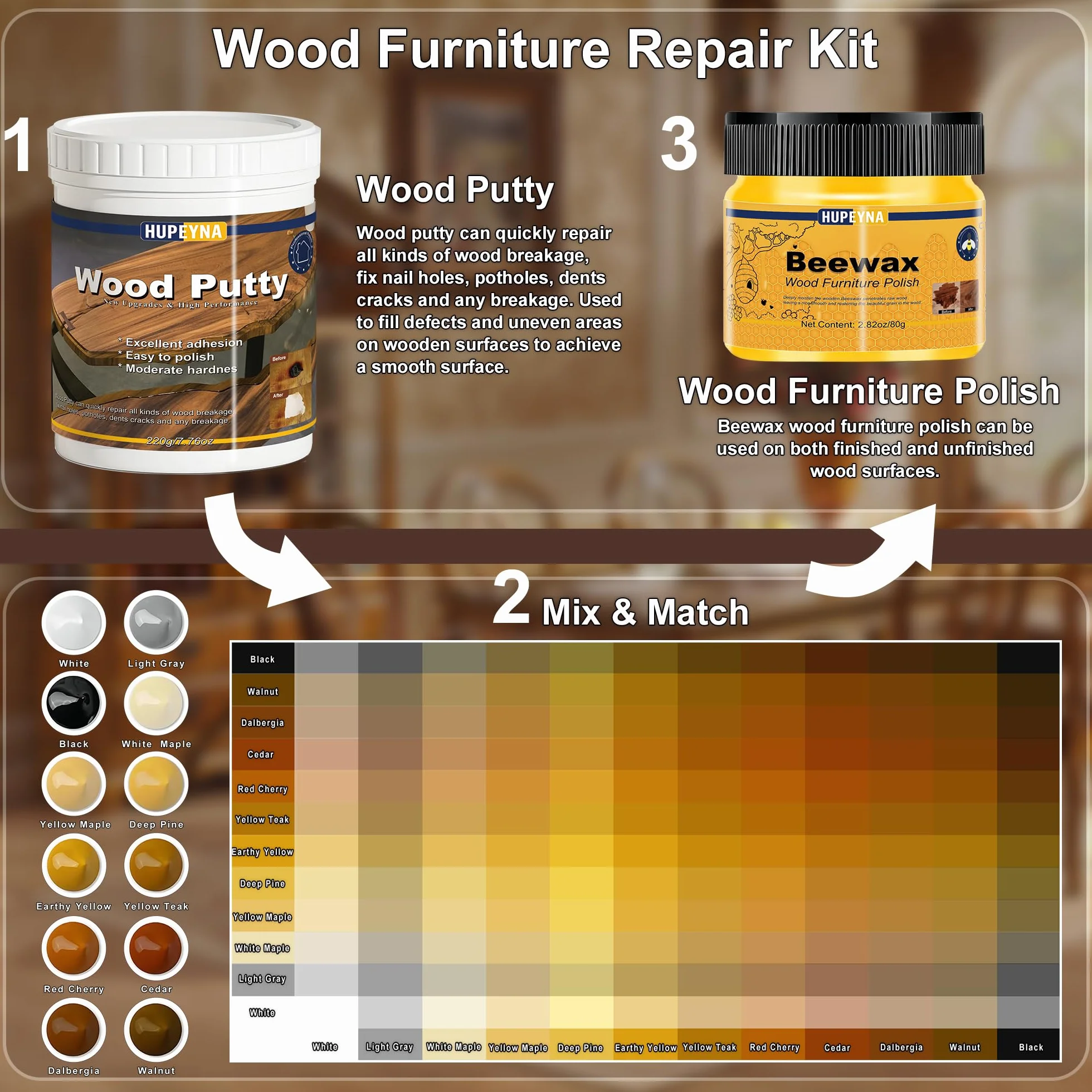 Laminat Holz Parkett Reparaturset, Holzkitt Holzspachtelmasse und Bienenwachs, Möbel Reparatur Set, Reparatur von Kratzer, Risse, Löcher, Verfärbungen für Holzböden, Tisch, Treppen, Tür, Schrank uvm