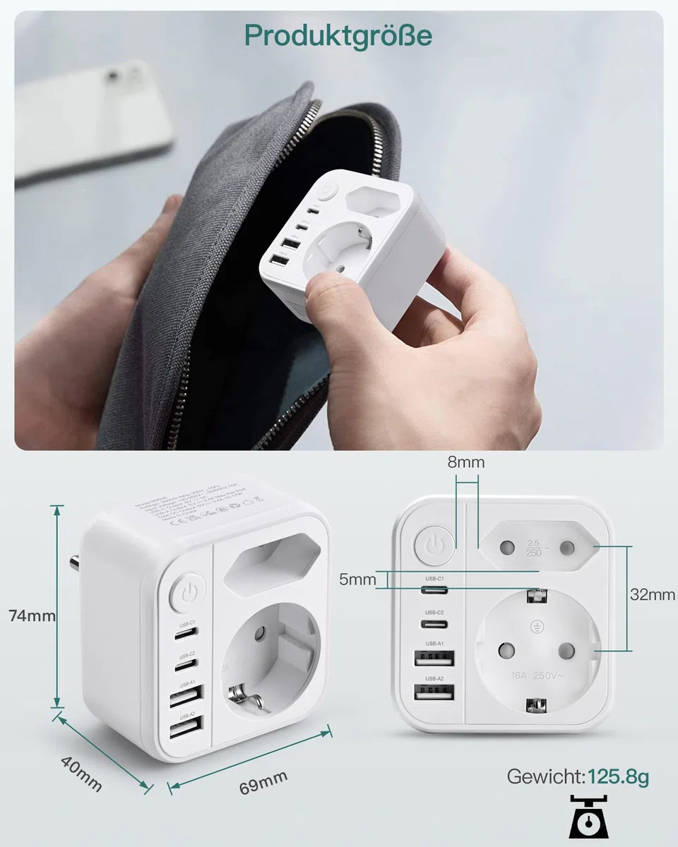 Mehrfachsteckdose 6-in-1 mit USB, Doppelstecker mit 2 USBA und 2 USBC Steckdose, Wandsteckdose mit Schalter (3680W/16A), Mehrfachstecker für Zuhause/Büro/Reisen