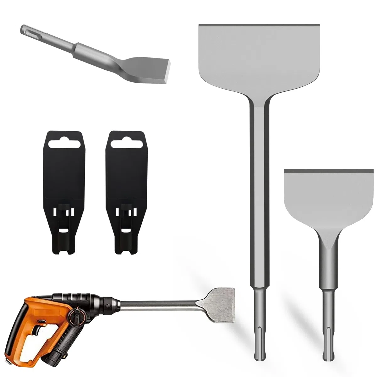 SDS PLUS 2 Stück Meißel-Set, Fliesenmeißel 75 x 165 mm und Flachmeißel 100 x 280 mm, für Fliesen, Fliesenkleber, Beton, Naturstein, Mauerwerk Standardarbeiten Heimwerken usw