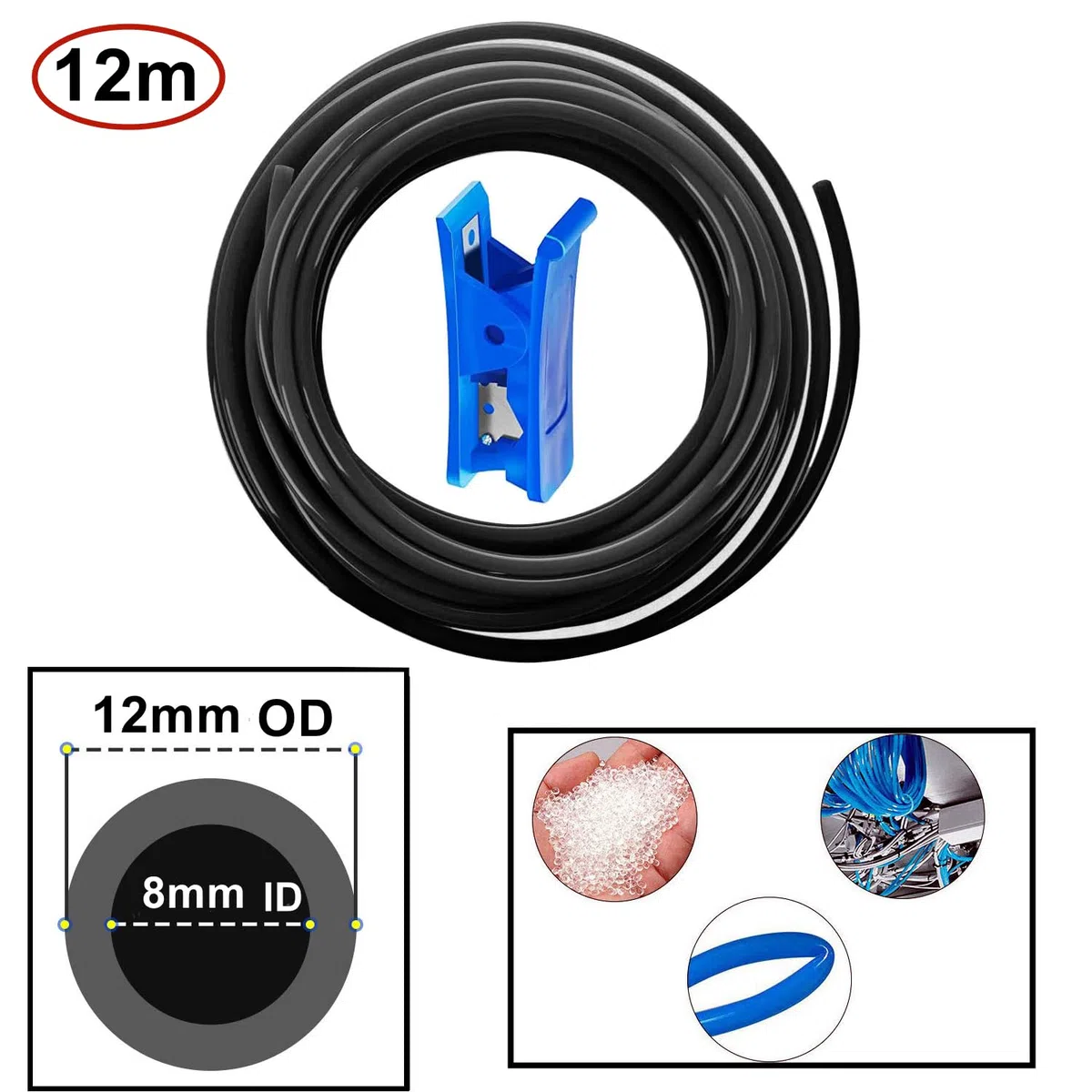 HUAZIZ 12 Meter PU Pneumatikschlauch Pneumatic Polyurethane Schlauch Flexibel Druckluftschlauch Außen 12 mm x Innen 8mm Schwarz+1 x Schlauchschneider