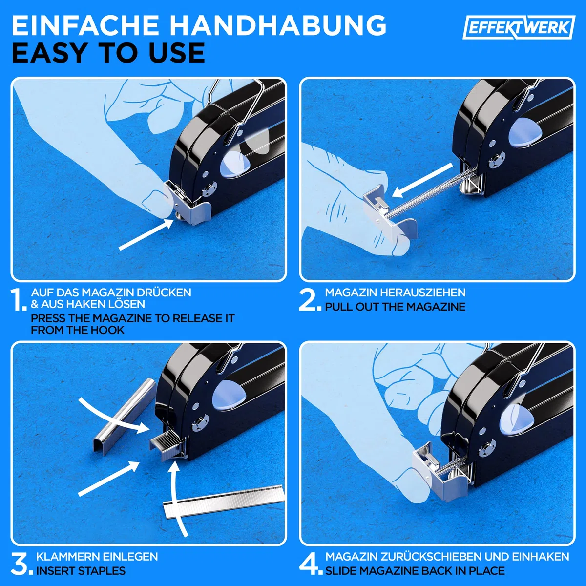 Tacker für Holz - Handtacker - 5 in 1 Tacker Set - Schwerlast Tacker mit 1500 Klammern und Klammerentferner - für Holz, Stoff, Drahtgeflecht - Bau, Handwerk, Polsterarbeiten
