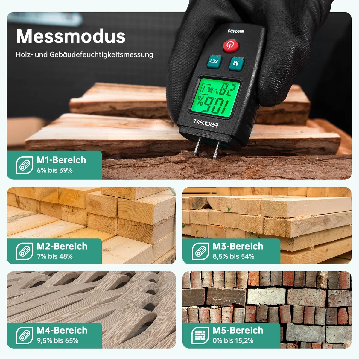 Feuchtigkeitsmessgerät, ERICKHILL EWM03 Pin-Typ Holzfeuchtemessgerät mit 5 Modi, LCD-Display mit grüner Hintergrundbeleuchtung, Holz- und Baumaterial-Schimmel-Detektor.