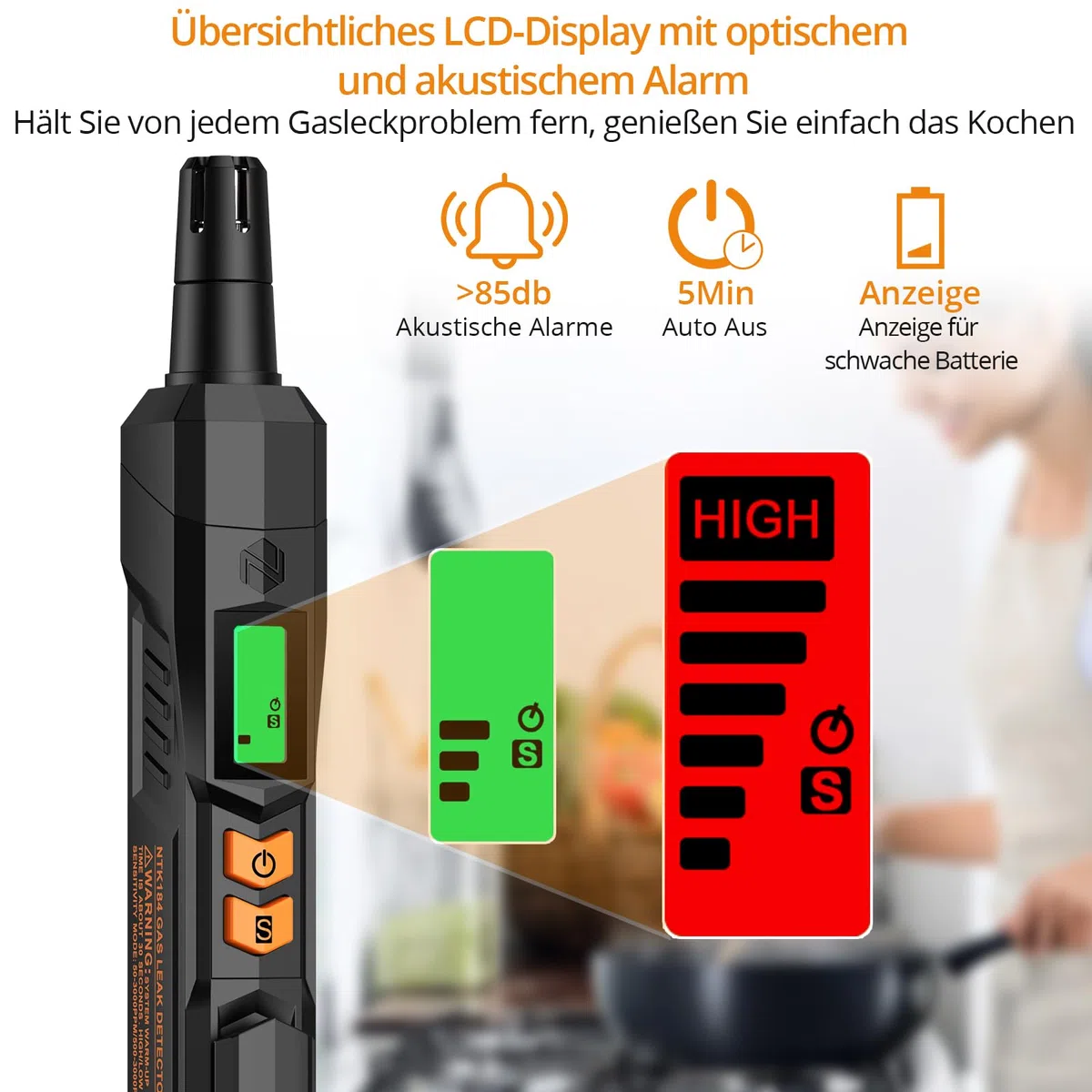 Neoteck Gasmelder Gaslecksuchgerät mit Visuellem und Akustischem Alarm Tragbarer Gasdetektor zum Aufspüren von brennbaren Gasleckquellen wie Methan, Propan für zu Hause