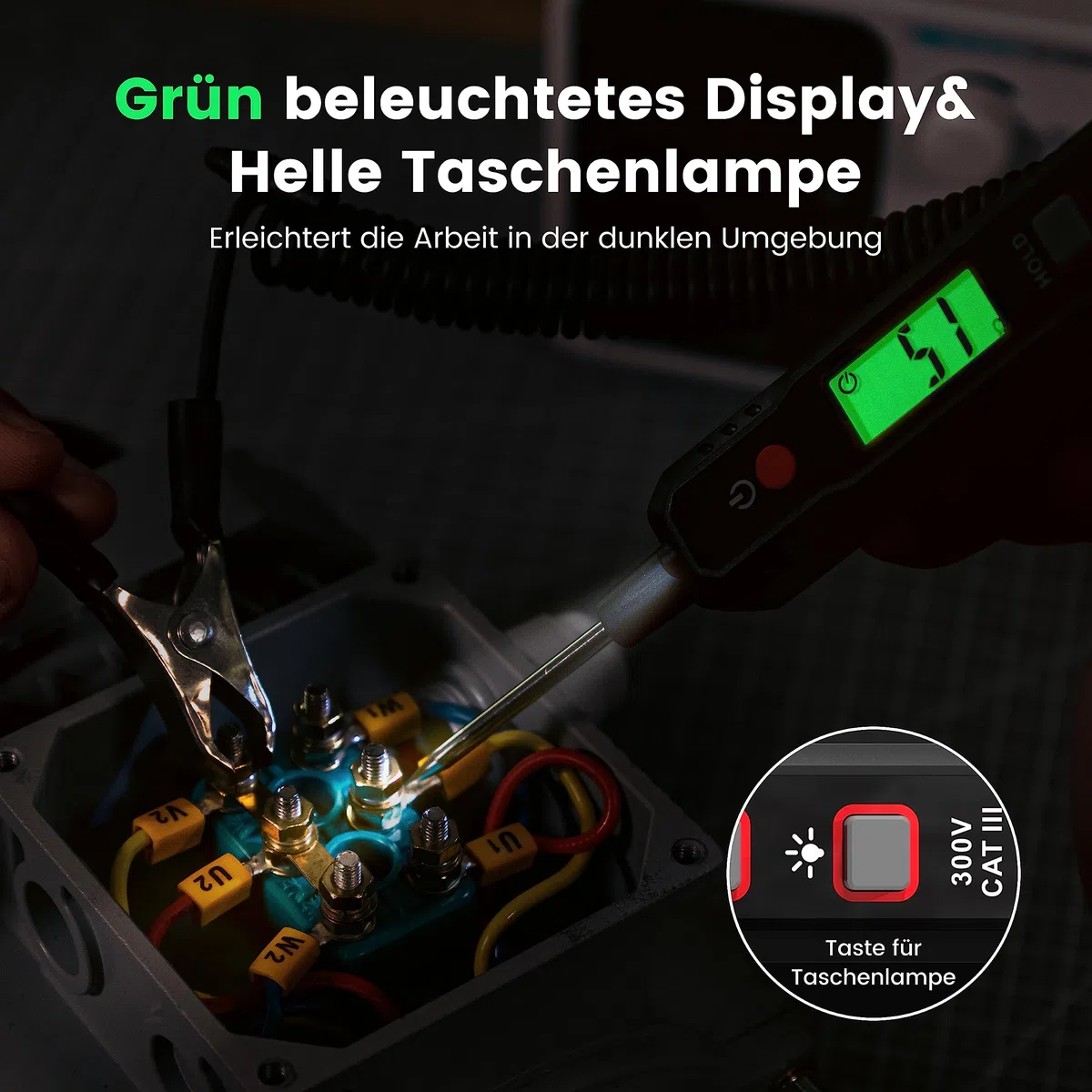 KAIWEETS Smart Auto Spannungsprüfer Stift, 0,8V-100V DC mit Hintergrundbeleuchtung, Digital prüflampe kfz mit Taschenlampe Maßnahmen Polarität Kontinuität, für Autobatterie
