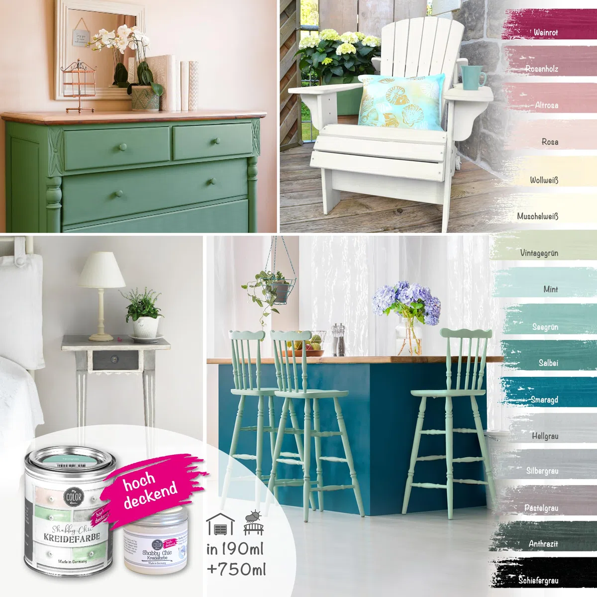 Shabby Chic Kreidefarbe 750 ml - Salbeigrün - Küchenmöbellack und Möbelfarbe ohne Schleifen. Wasserbasiertes Chalk Paint, für Holz & mehr mit hoher Deckkraft u. schnell trocknend
