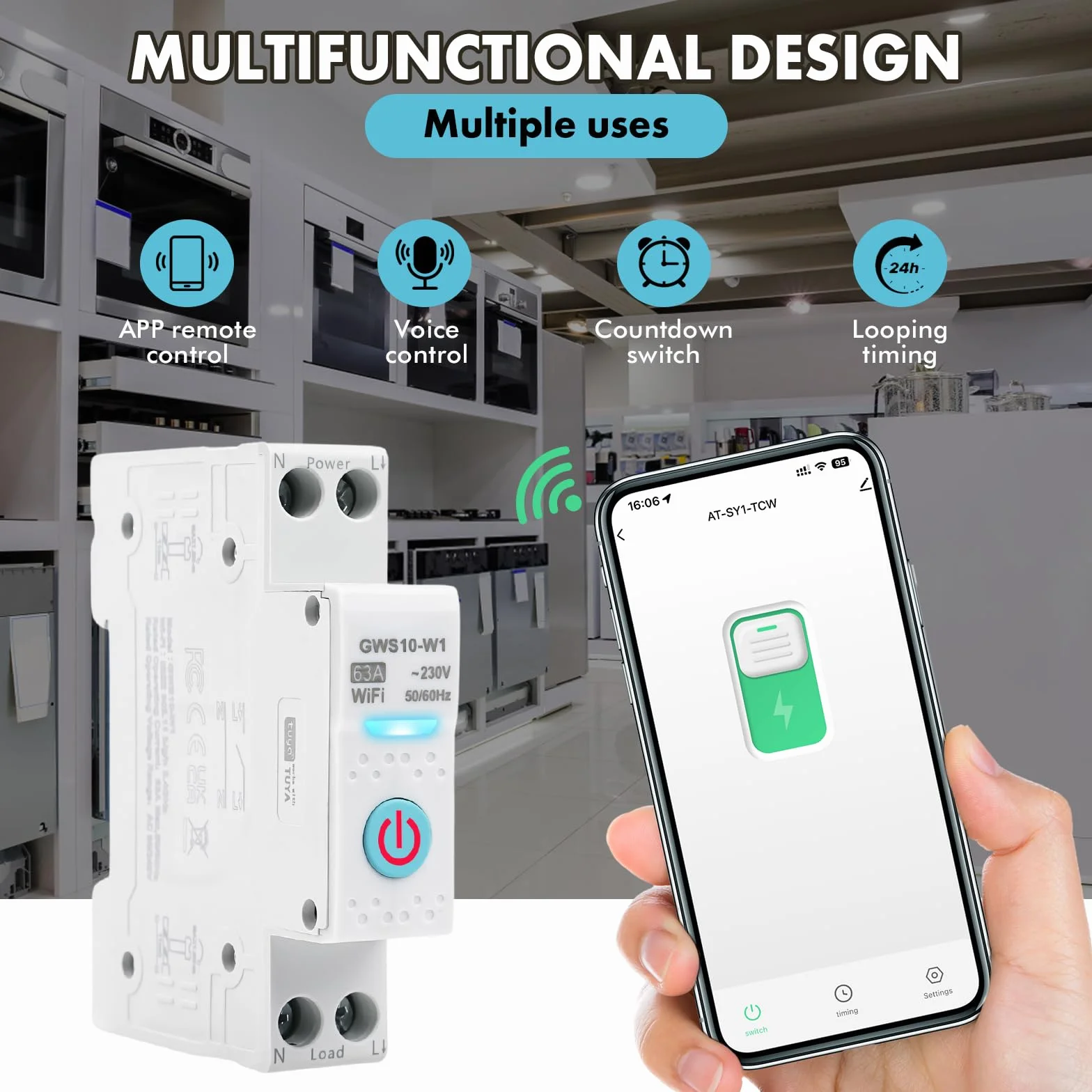 63A wlan schalter hutschiene wifi 1P Zeitschaltuhr Hutschiene tuya smart circuit breaker sprachsteuerung AC230V Smart schalter Kompatibel mit Alexa und Google Home GWS10-W1