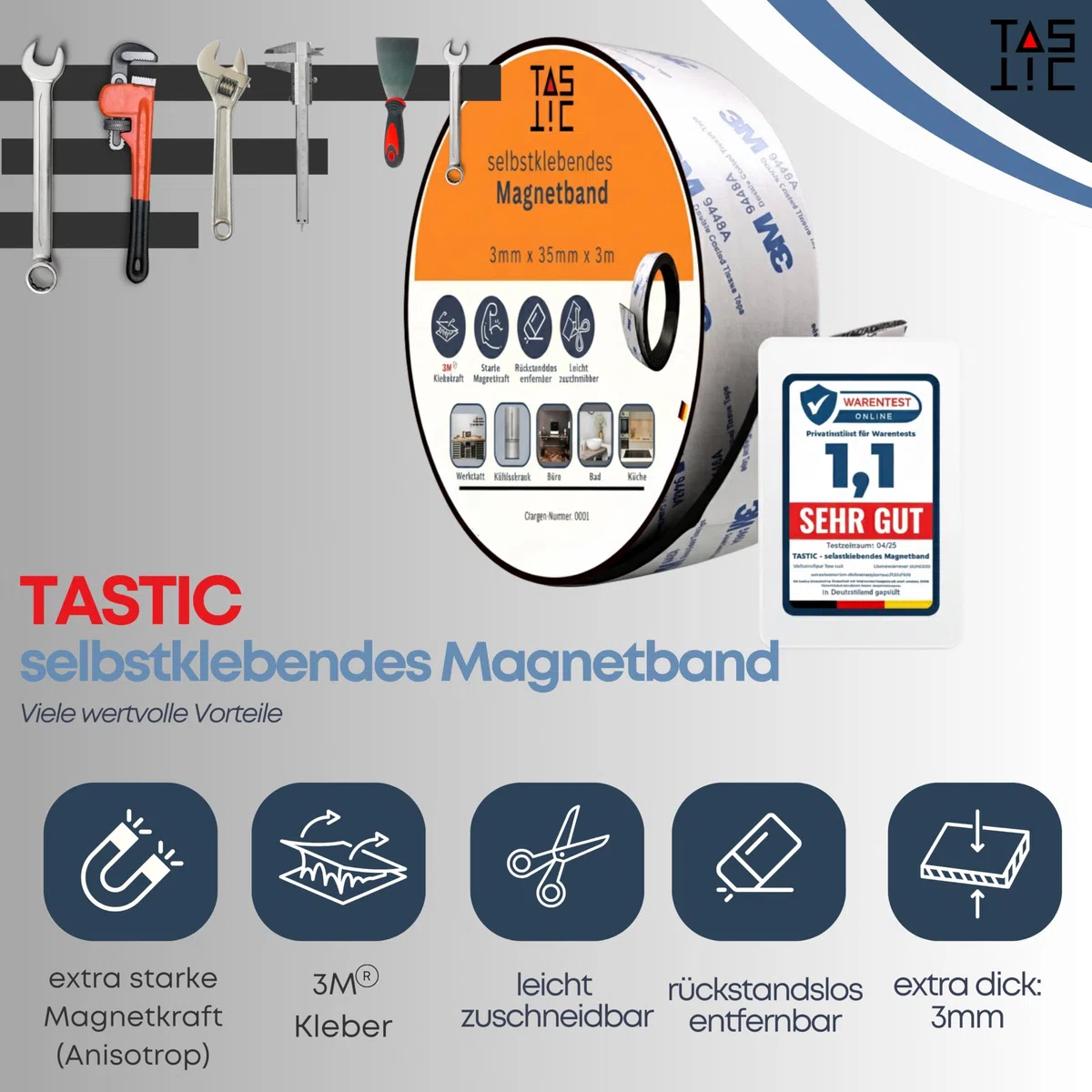 TASTIC - Selbstklebendes Magnetband 3mm x 35mm x 3m. Magnetklebeband selbstklebend extra dick und extra breit. Das Klebeband ist magnetisch, stark klebend und zuschneidbar