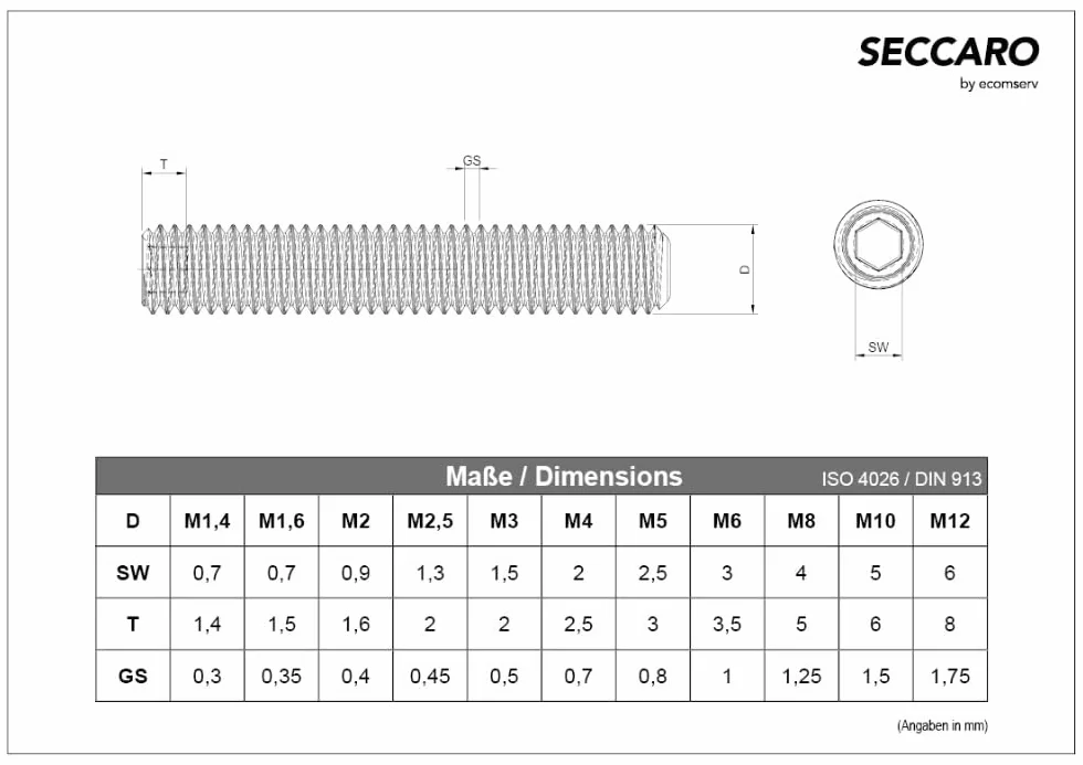 SECCARO Gewindestift mit Kegelkuppe M8 x 80 mm, Edelstahl V2A VA A2, DIN 913 / ISO 4026, Innensechskant, 20 Stück