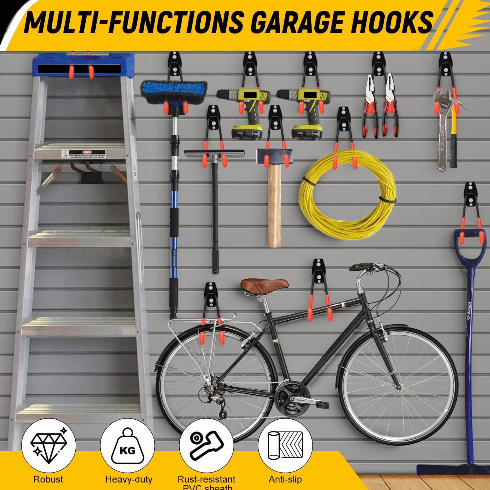 4 Stück Wandhaken Garage Schwerlast Garagenhaken Wandhaken Gummiert Garagenhaken Garage Wand Haken für Leiter Geräte Werkzeuge Stuhl Schlauch Fahrrädern (orange)
