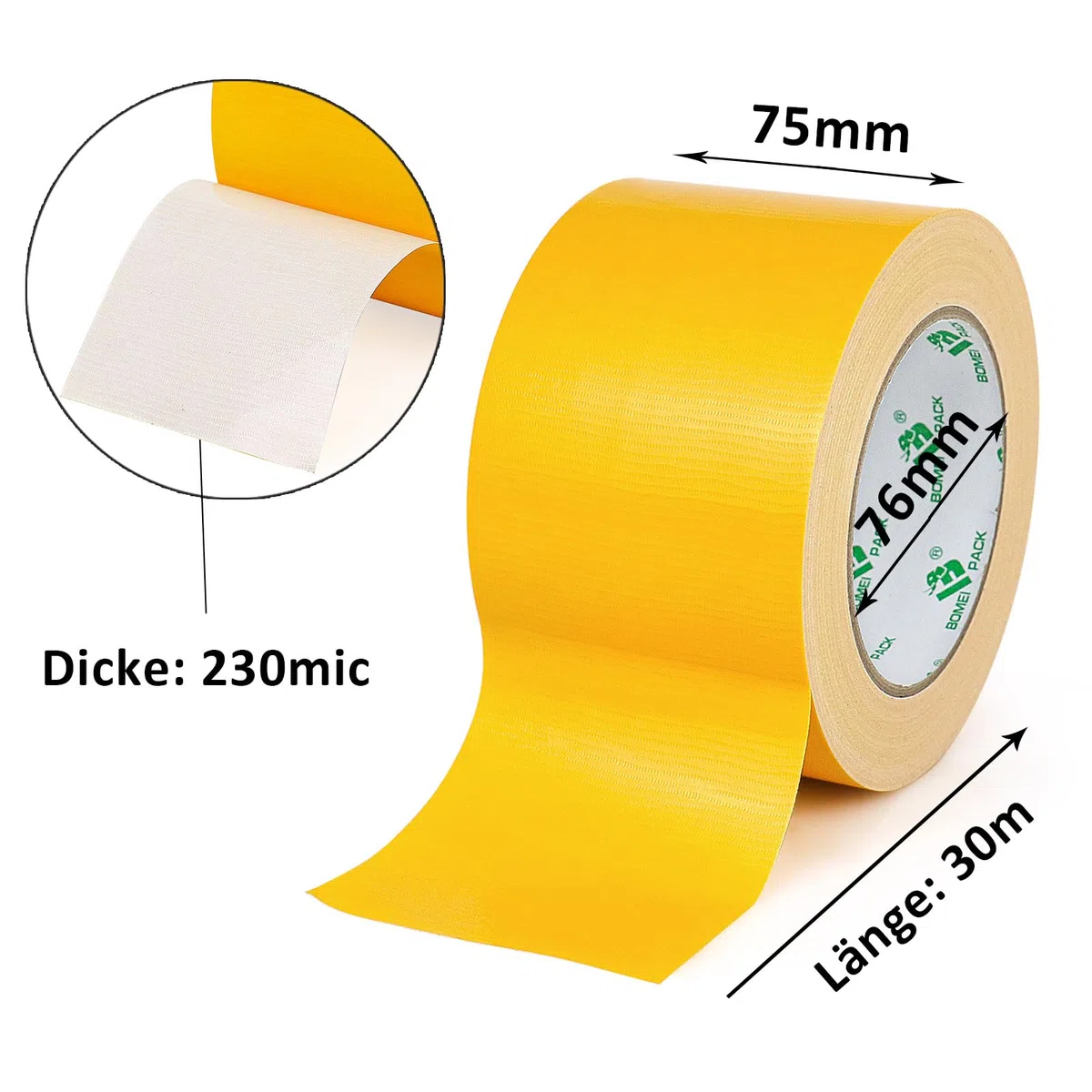 BOMEI PACK Gelb Panzertape Wasserfest 75 mm x 30 m - Gelb Panzertape Gaffer Tape Gewebeklebeband - Gewebeband - Panzerband Extra Stark - Duct Tape - Wasserdichtes Klebeband