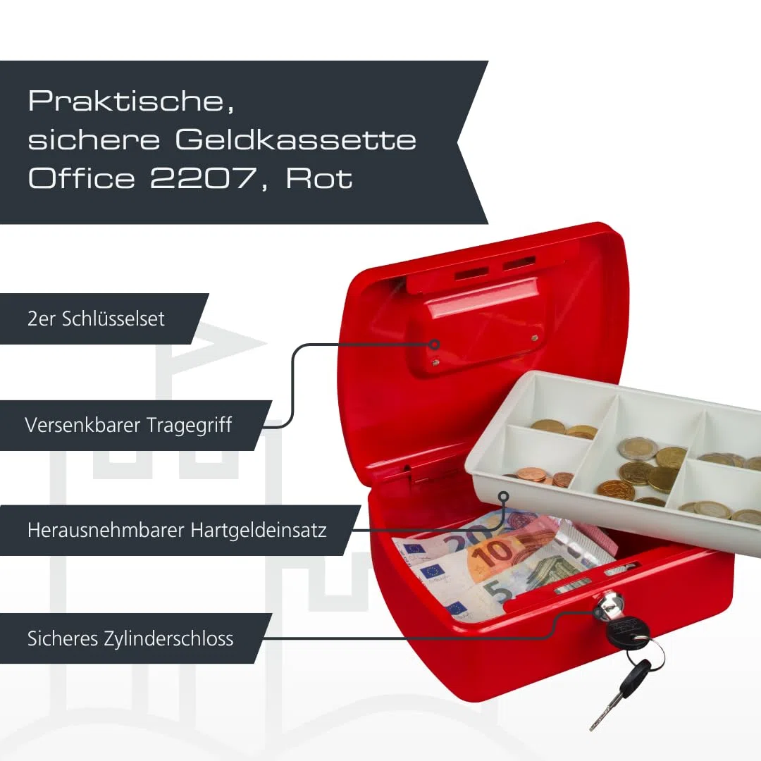 Burg-Wächter Geldkassette abschließbar mit Schlüssel und Hartgeldeinsatz, Stahlblech, Office 2207, Rot