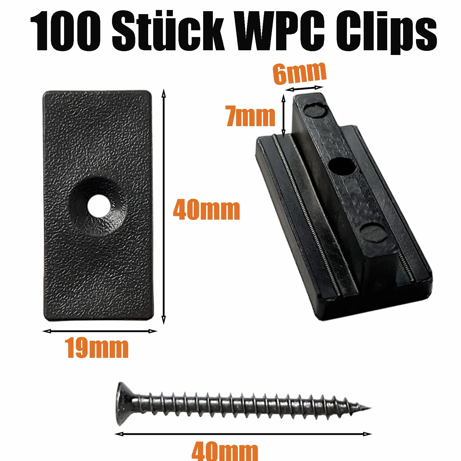 100 Stück WPC Clips, Versteckte Terrassendielen Befestigung Board Clips, 6 mm Terrassenclips Kunststoff für WPC Terrassendielen/BPC Dielen, Schwarz T Clip mit Schwarz Schrauben
