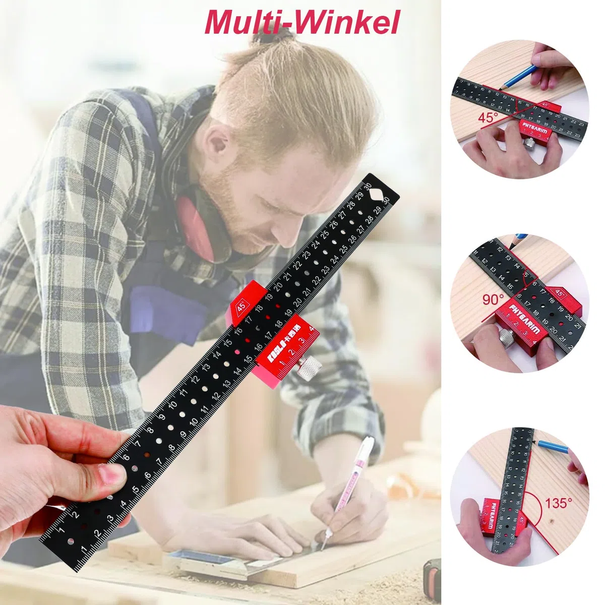 Streichmaß, Kombinationswinkel Anschlaglineal, Anreißlineal Edelstahl, Streichmaß Metall mit Anschlag, 30cm, Winkel Holzbearbeitungswerkzeug für Holzbearbeitung