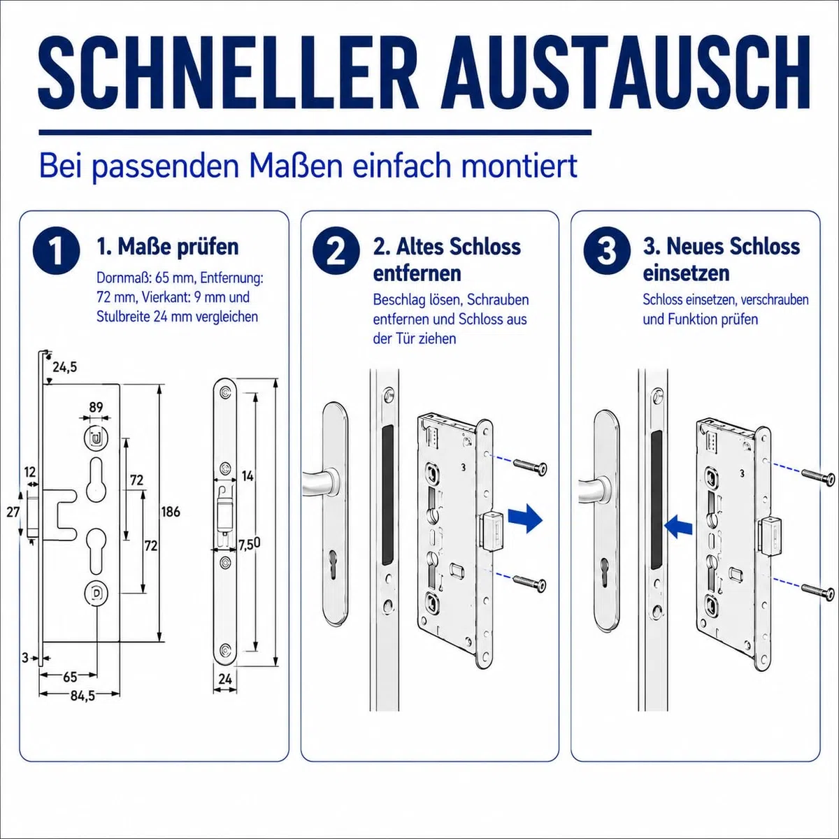 FH-Einsteckschloss 65/72/9 für Brandschutz- & Stahltüren, T30/T90, DIN links/rechts, Dornmaß 65 mm, Entfernung 72 mm, Vierkant 9 mm, Stulp 24 x 235 mm, verzinkt - Hersteller ISEO