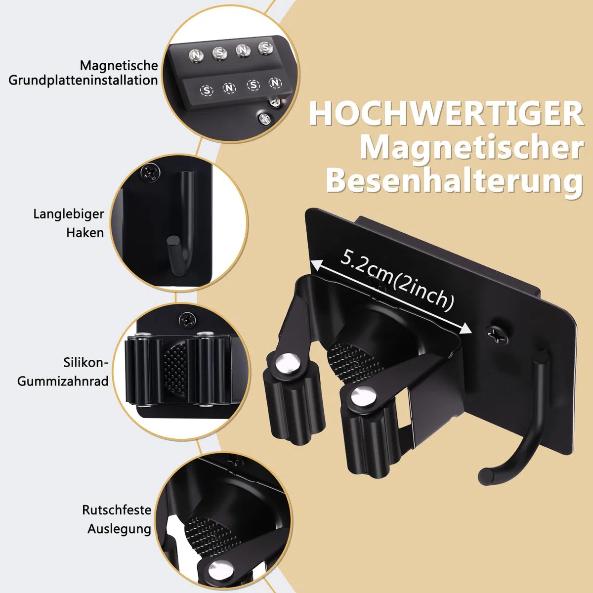 LIHAO Besenhalter, 4 Stück Edelstahl Besenhalterung Wand, Magnetischer Wandhalterung Besen Gerätehalter mit Haken für Garten, Keller & Haushalt - Schwarz