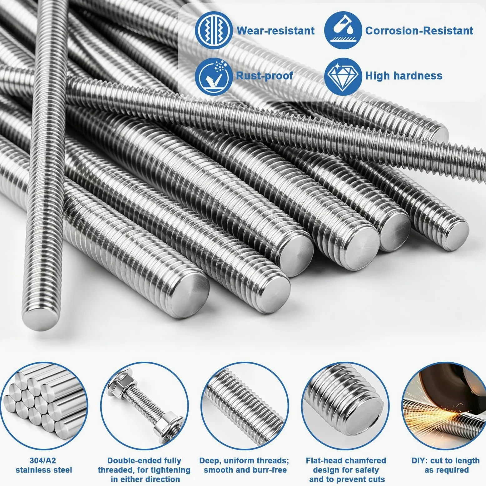 2 Stück Gewindestange M16 Edelstahl A2 V2A, Gewindestange M16 x 200mm Metallstäbe zum Basteln Gewindestifte mit 4pcs Sechskantmutter