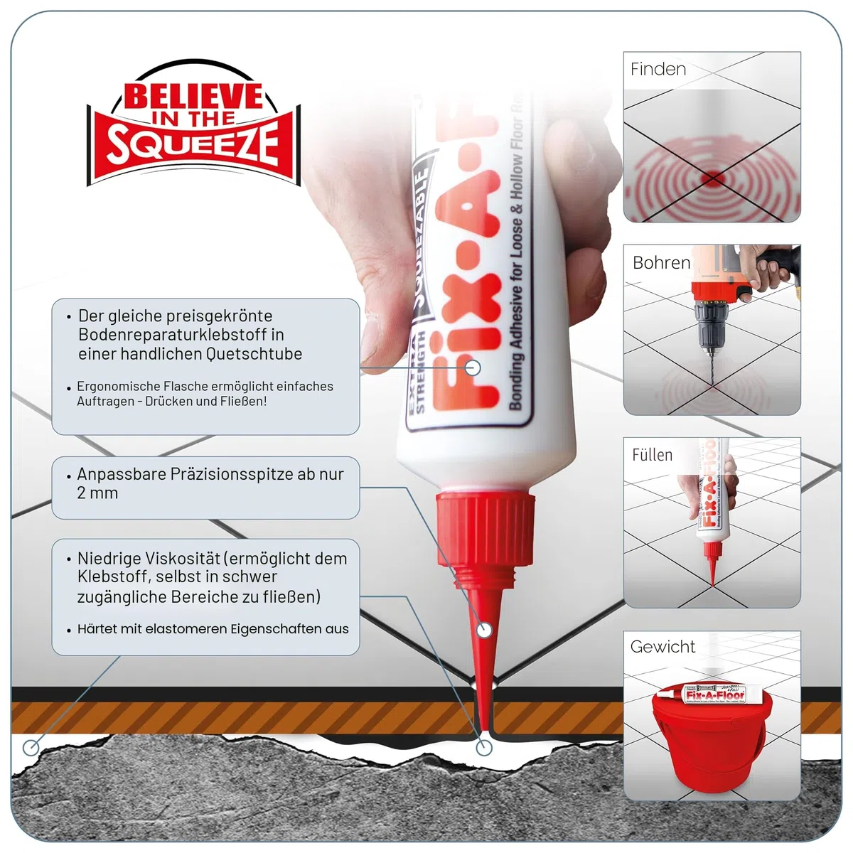 Fix-A-Floor Squeezy All-in-One Reparaturkleber für lose, hohle und knarrende Fliesen, Holz, LVT, LVP und Laminat