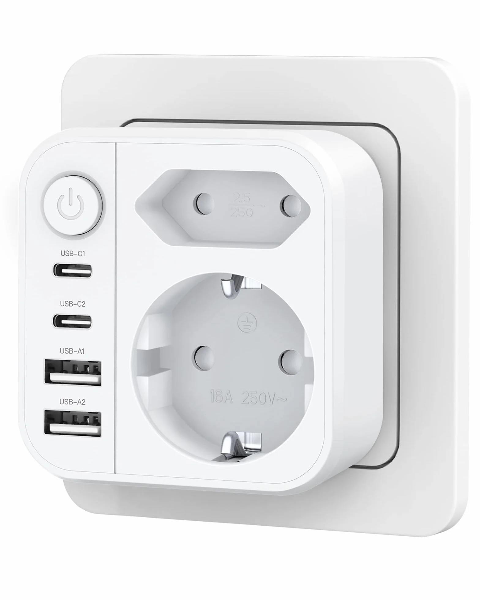 Mehrfachsteckdose 6-in-1 mit USB, Doppelstecker mit 2 USBA und 2 USBC Steckdose, Wandsteckdose mit Schalter (3680W/16A), Mehrfachstecker für Zuhause/Büro/Reisen