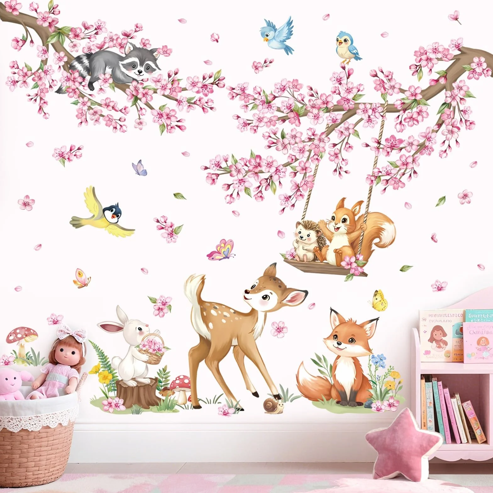 decalmile Wandsticker Tiere Kirschblüte Blumen Rosa Wandtattoo Waldtiere Hirsche Fuchs Wandaufkleber Mädchen Kinderzimme Babyzimmer Schlafzimmer Wanddeko