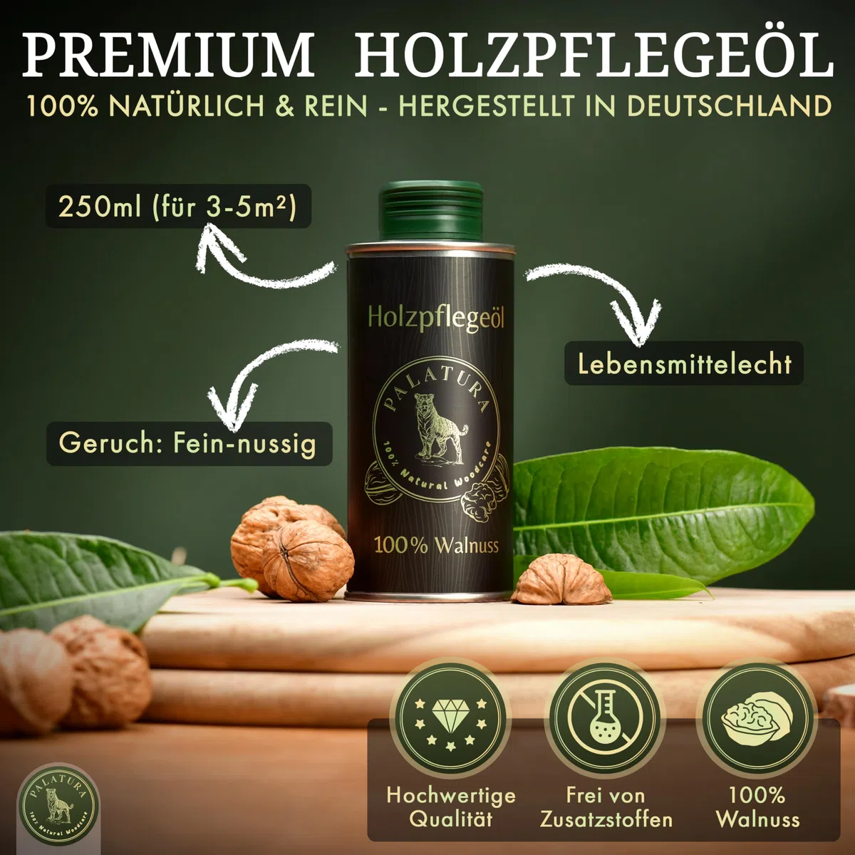 Walnussöl für Holz - Umweltfreundliches Holzöl für Außen & Innen - Lebensmittelecht, Tiefenwirksam, Schnelltrocknend, Seidiger Glanz, Langanhaltender Schutz - Angenehmer Nussiger Geruch