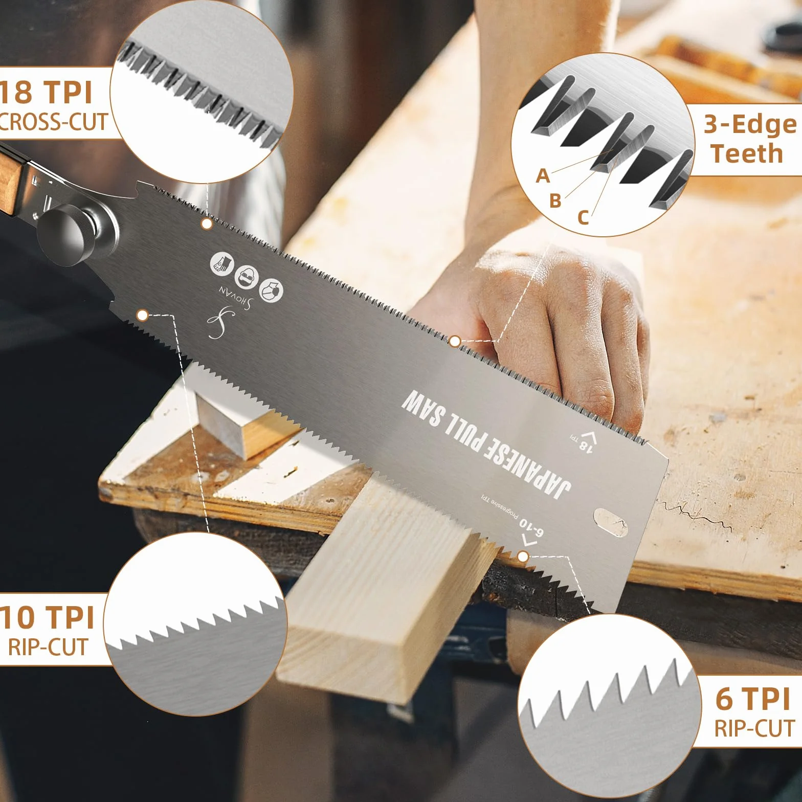 Profi Ryoba Japansäge, Abnehmbar Handsäge 233mm aus SK5 Karbonstahl, Doppelte Kante Progressiv 6-10/18 ZpZ Holzsäge für Heimwerk Japanische Säge Feinsäge für Querschnitt, Längsschnitt