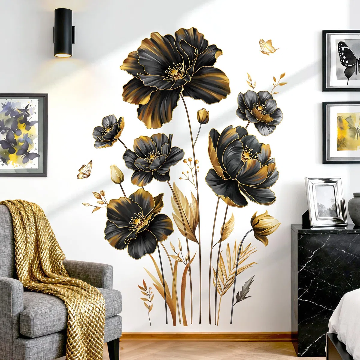 decalmile Wandsticker Blumen Schwarz Goldene Groß Wandtattoo Blüten Blätter Gold Pflanzen Wandaufkleber Wohnzimmer Schlafzimmer Sofa TV Hintergrund Wanddeko