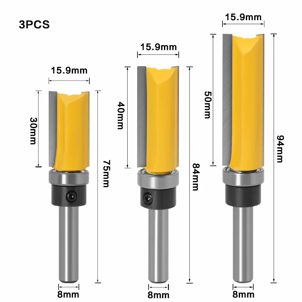 Mesee 3 Stück 8mm Schaft Bündigfräser, Gerade Fräser Set, Fräser Router Bit, Nutfräser Holzfräser Bit Set mit Kugellager Unterseite Holzschneider Profifräser Holzbearbeitungs Schneidwerkzeug