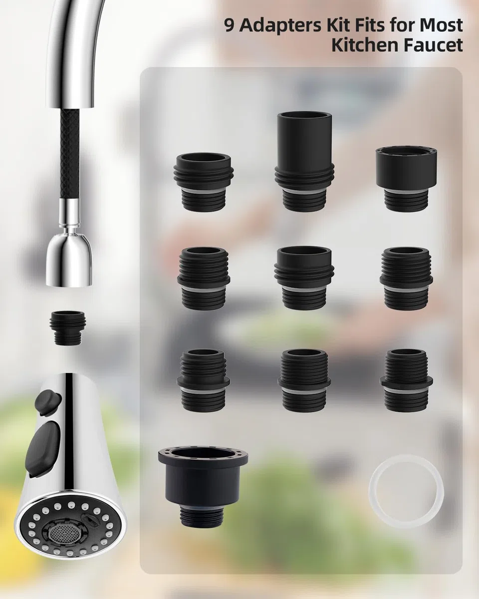 Hibbent Küchenarmatur Kopf Ersatz, 3-Funktions-Küche Spüle Sprühdüse kompatibel mit Moen,Pull Down Küche Sprühkopf mit 9 Adaptern, EU Standard, Delta, Kohler Wasserhähne, Chrom