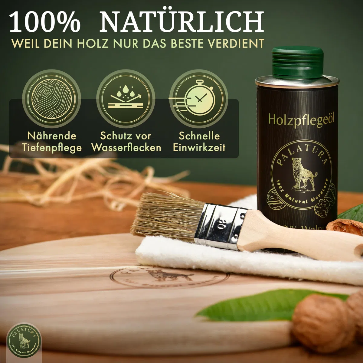 Walnussöl für Holz - Umweltfreundliches Holzöl für Außen & Innen - Lebensmittelecht, Tiefenwirksam, Schnelltrocknend, Seidiger Glanz, Langanhaltender Schutz - Angenehmer Nussiger Geruch