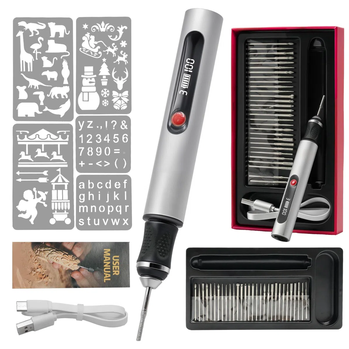 Elektrischer Gravierstift mit 30 Bits, Mini Gravierstift 3-Gang-Regler Bis 25.000 U/min USB-aufladbare Multifunktions-Graviermaschine für Schmuck,Glas, Keramik,Ideal für DIY,Hobbyist