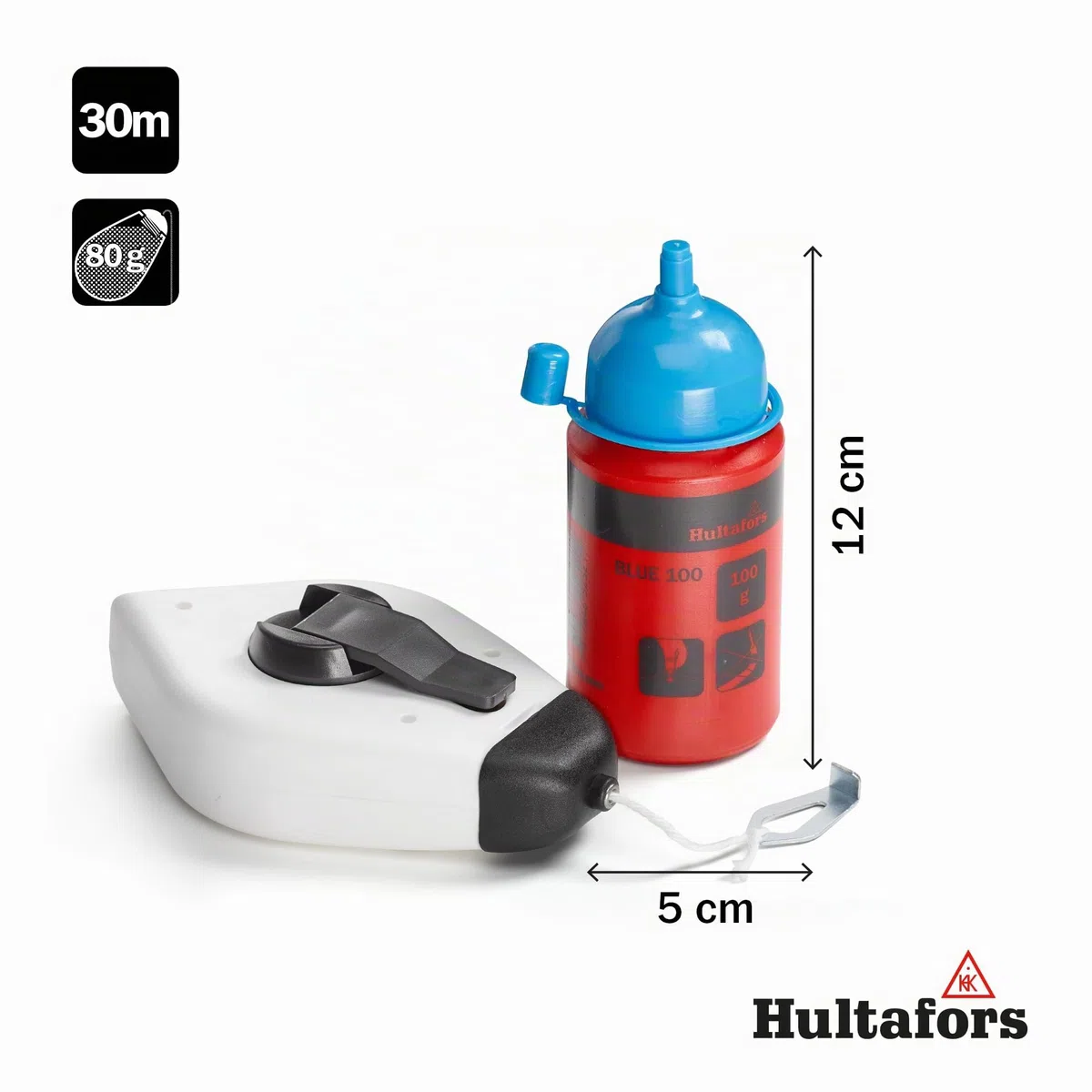Hultafors Schlagschnur Set 30m inkl blauer Kreide (100g) I 1mm Dicke Schlagschnur I Für Innen- & Außenbereiche I Wasser-& Windresistente Farbe I 660103