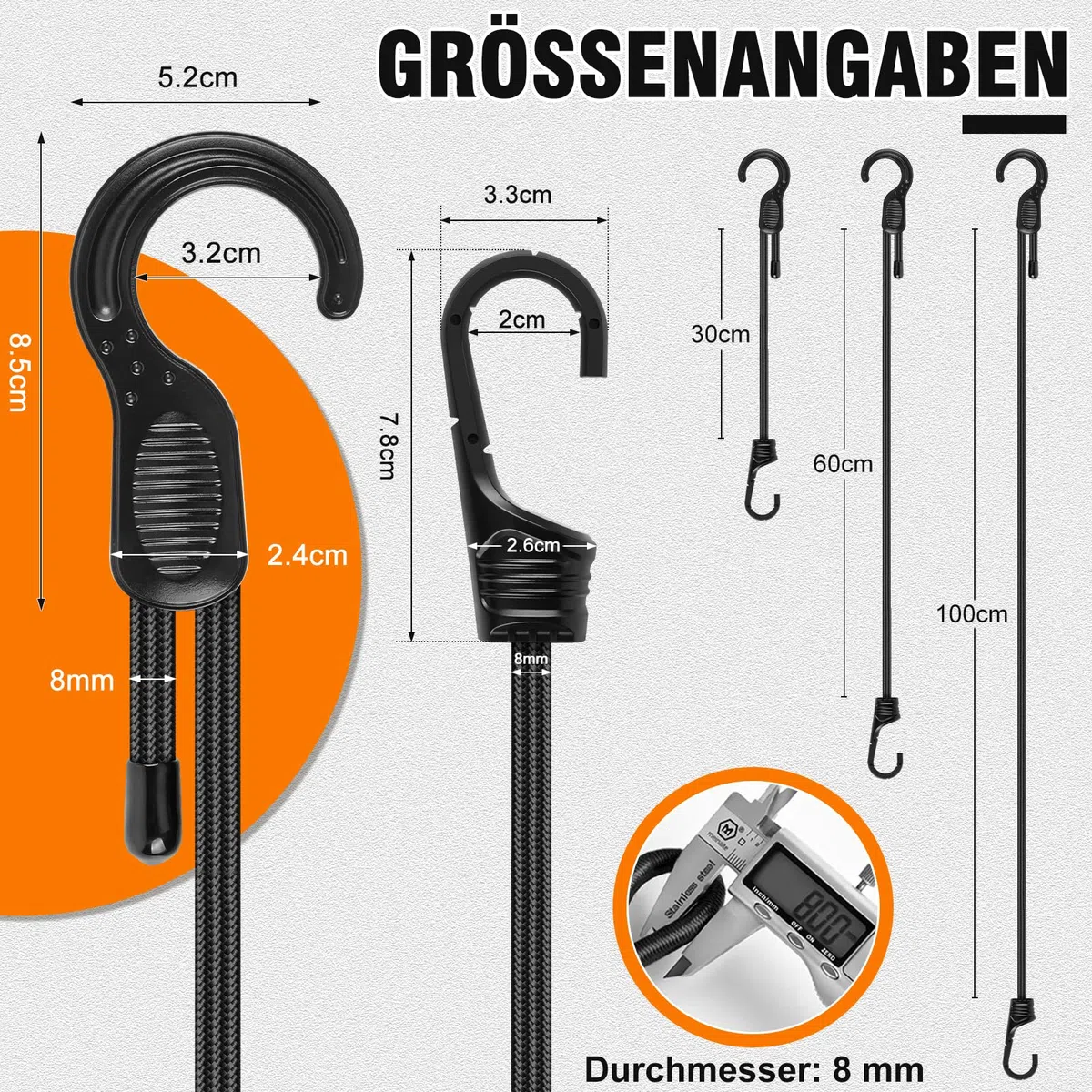 Verstellbar Spanngummi Mit Haken 60 cm, 6 Stück Robuste Expander Mit Haken Gepäckspanner Ladungssicherung für Camping, Sonnensegel, Tarpaulins, Abdeckplane Fahrrad, Auto, Dachträger