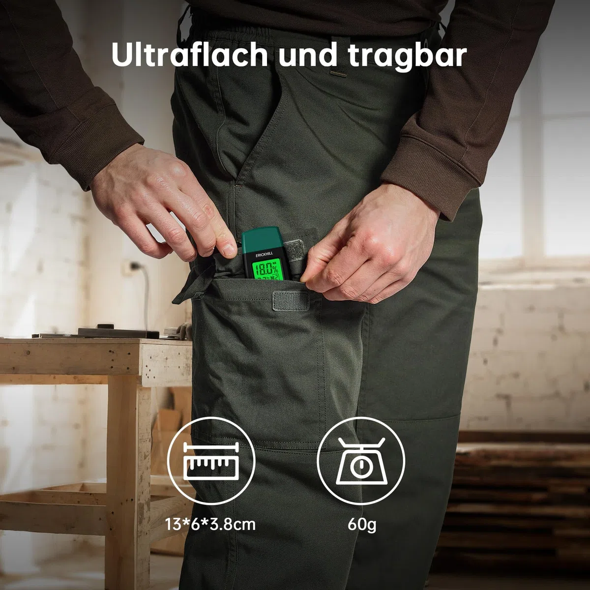 Feuchtigkeitsmessgerät, ERICKHILL EWM03 Pin-Typ Holzfeuchtemessgerät mit 5 Modi, LCD-Display mit grüner Hintergrundbeleuchtung, Holz- und Baumaterial-Schimmel-Detektor.