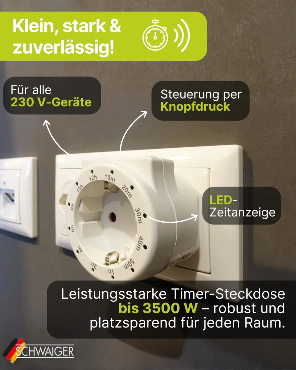 SCHWAIGER Steckdosen-Timer I Steckdosenadapter mit Zeitschaltuhr zur automatischen Abschaltung I mit 12 Zeitstufen I Countdown Zwischenstecker für Haushaltssteckdosen I Zeitschalter-Steckdose