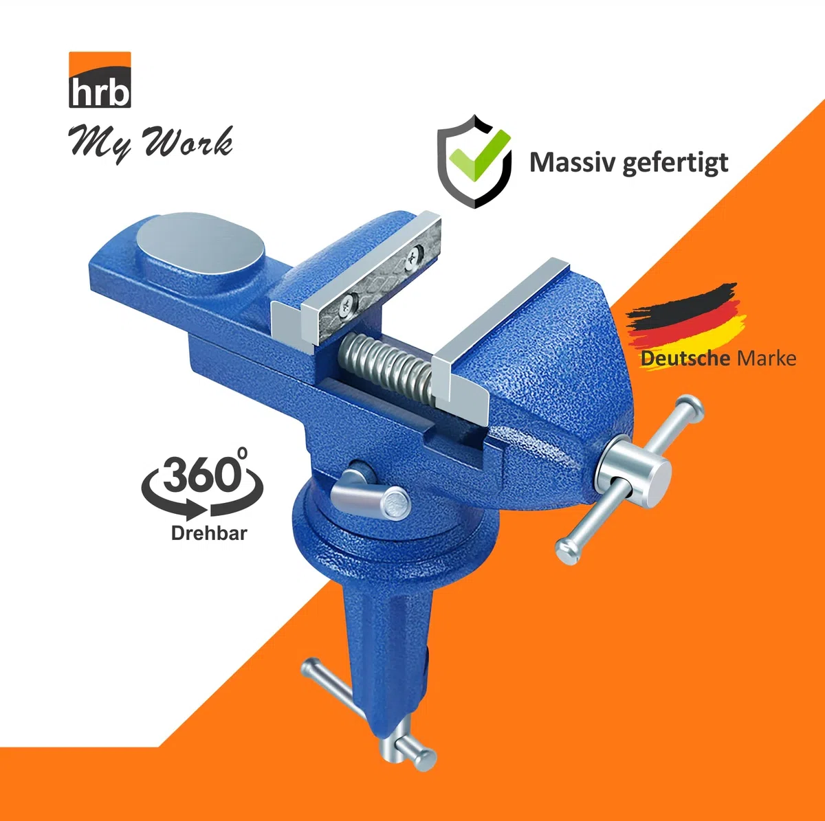HRB Schraubstock 70 mm klemmbar für Werkbank, Schraubstock klein und drehbar massiv gefertigt mit Hammerschlaglackierung versehen, Feinmechanikerschraubstock