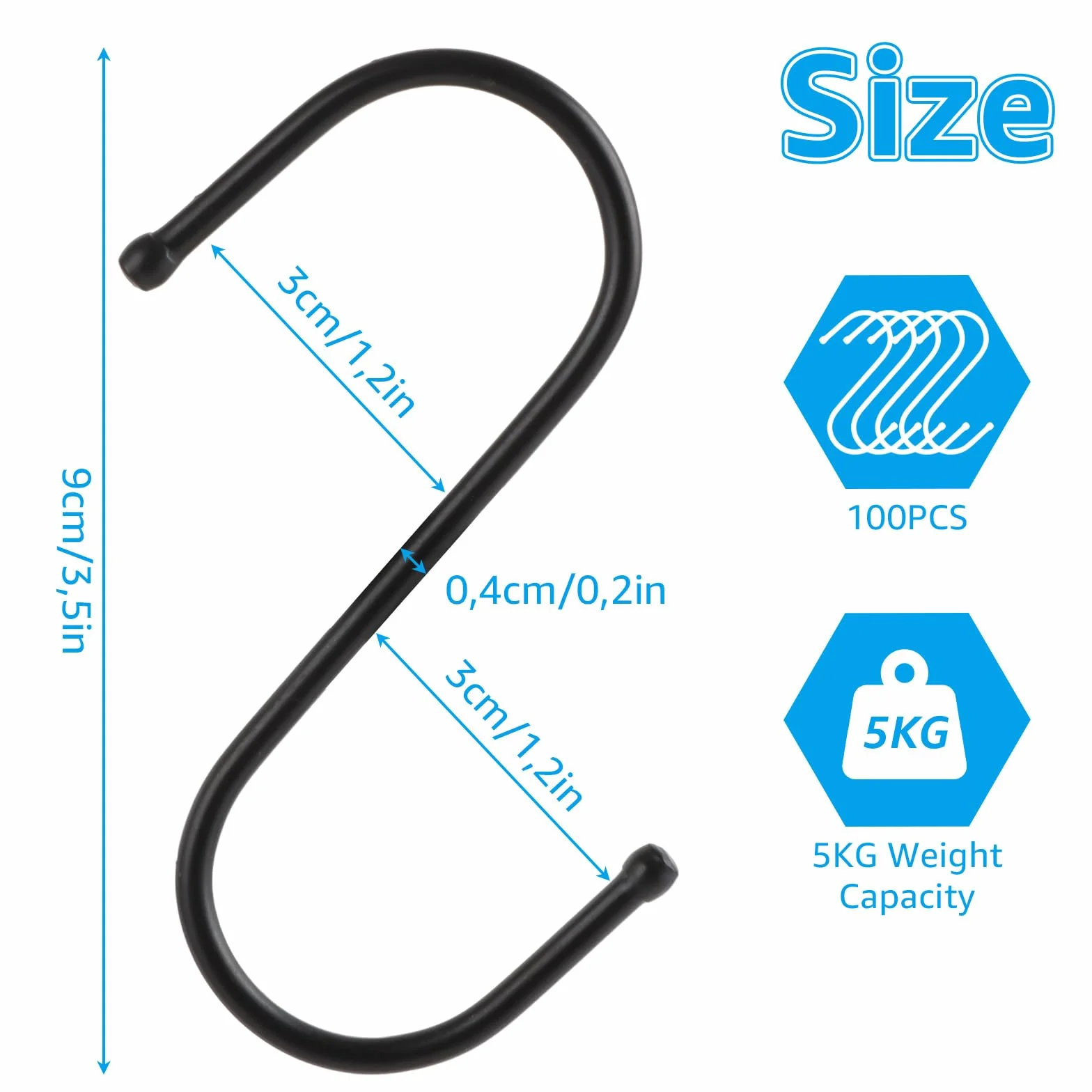 100 Stück S Haken Schwarz, 9 cm S Förmige Haken Schwarz, Metallhaken zum Aufhängen von Kleidern, Töpfen und Schalen, Geeignet für Küche, Bad und Schlafzimmer