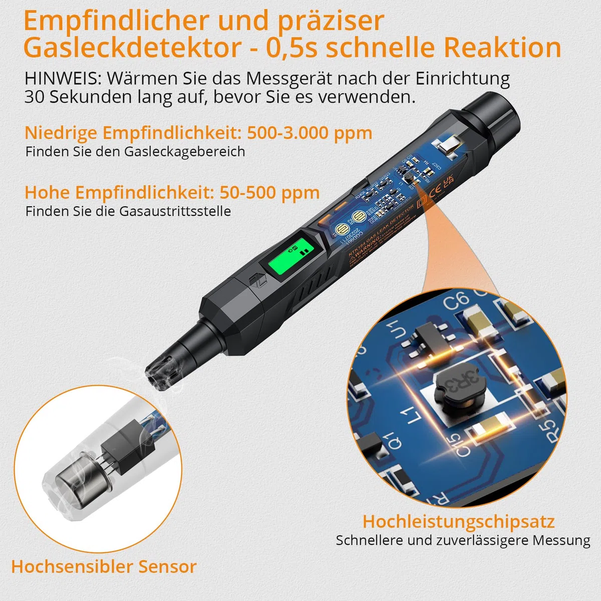 Neoteck Gasmelder Gaslecksuchgerät mit Visuellem und Akustischem Alarm Tragbarer Gasdetektor zum Aufspüren von brennbaren Gasleckquellen wie Methan, Propan für zu Hause