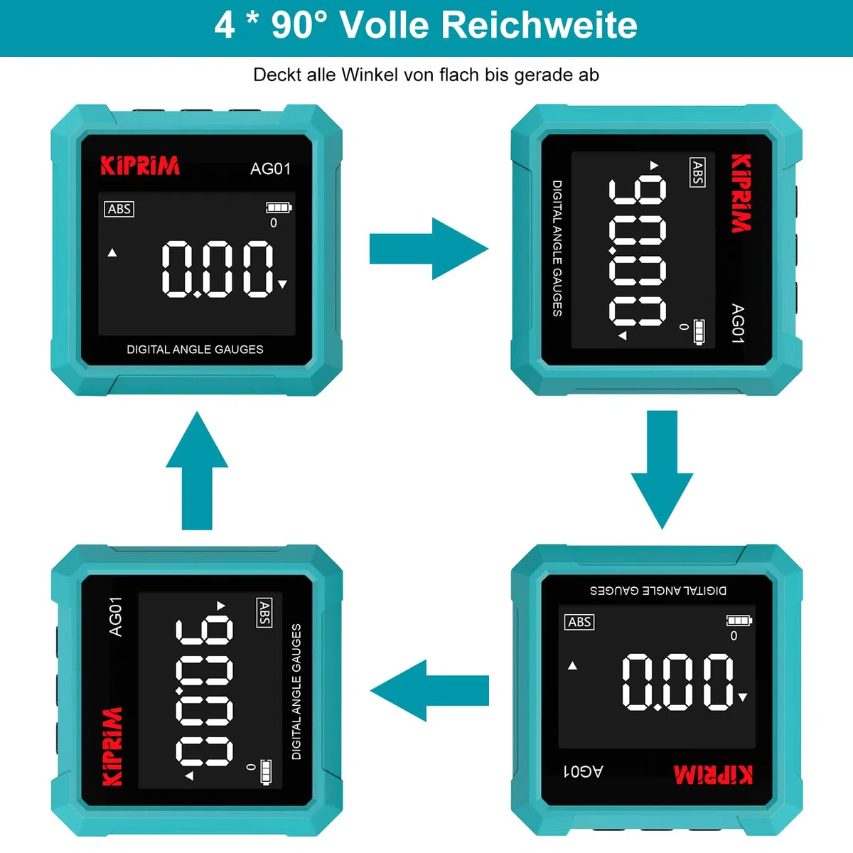 Kiprim Digitaler Neigungsmesser AG01– 3-seitiger Magnetfuß, LCD-Hintergrundbeleuchtung, Absolute & Relative Messung, Winkel-/Neigungseinheiten, ideal für Holzarbeiten, Bau & Heimwerker
