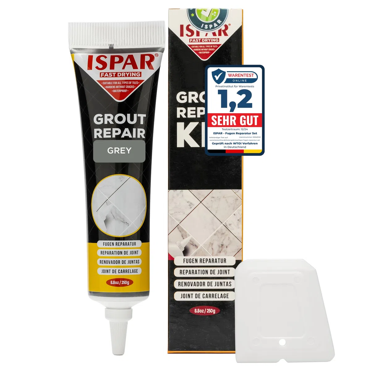 ISPAR Fugenmörtel Grau 250g - Fertige Fugenmasse für Fliesenfugen mit Spachtel - Fugenfarbe für Fugenreparatur im Bad & Küche – Geruchsneutral & Praktisch